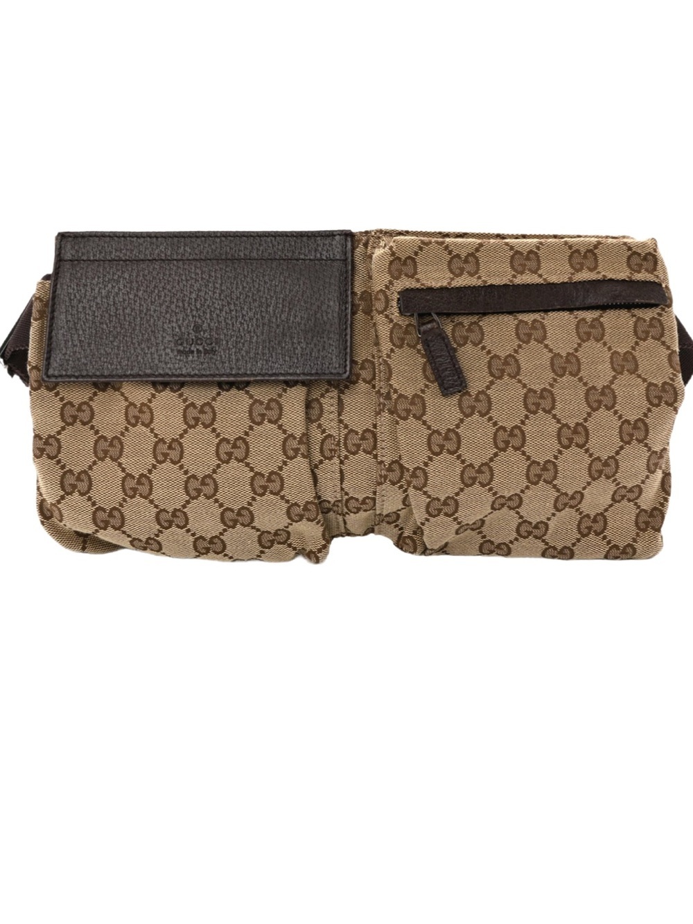 Authentic Gucci GG Monogram Web Double Pocket Belt Bag Dark Brown